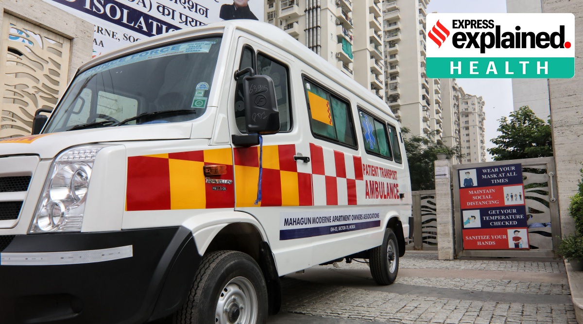 An ambulance parked outside a residential complex with Covid-19 patients in Noida. (Express Photo: Abhinav Saha, File)
