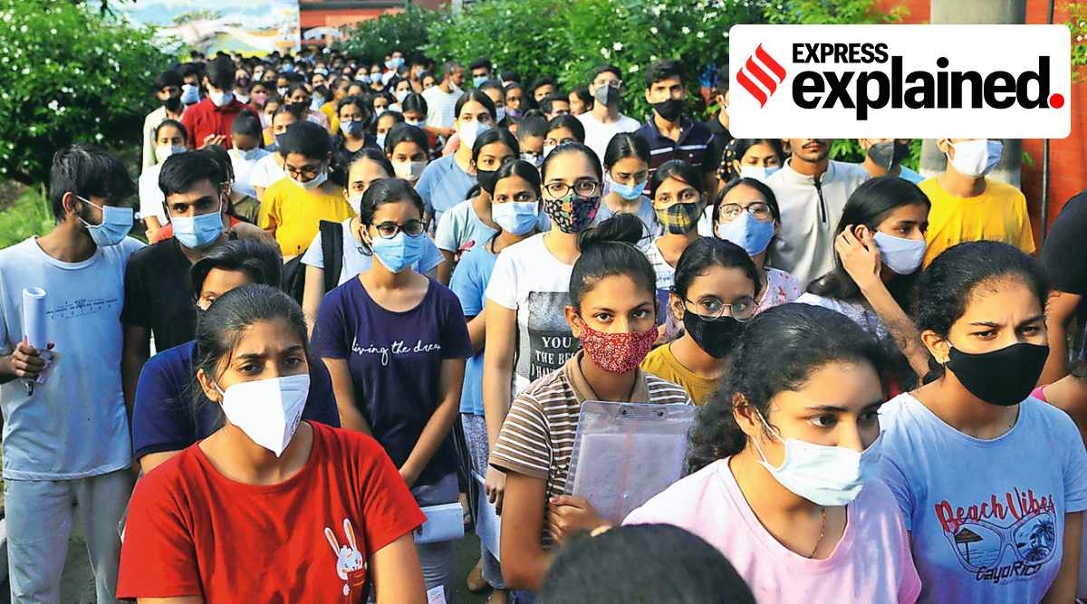 NEET candidates after the undergraduate entrance exam in Chandigarh last September. Counselling for postgraduate courses has been held up until the Supreme Court ruled on EWS. (Photo: Express Archive)