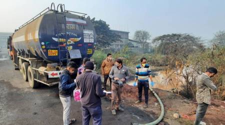 The tanker from which the chemical gas leaked on Thursday morning. (Express Photo: Hanif Malek)