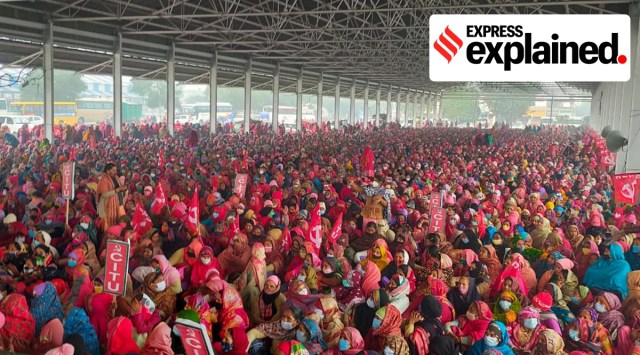Haryana anganwadi workers attending a protest rally during their ongoing strike. (Express Photo)