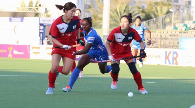 India and Korea players in action. (Twitter/Hockey India)