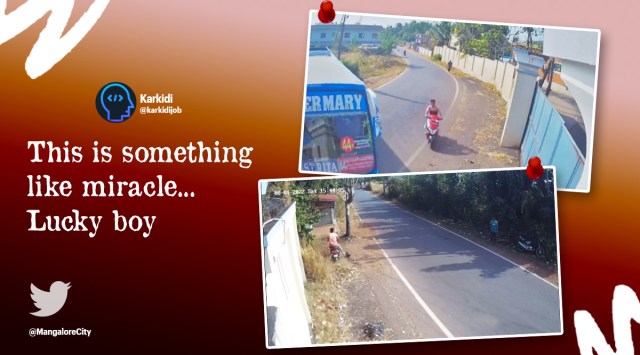 scooter escape bus accident, Ullal, Karnataka, scooter rider, speeding scooter, miraculous escape, indian express