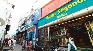 The Bada Bazaar, heart of Kannauj’s perfume market. (Express Photo by Vishal Srivastav )