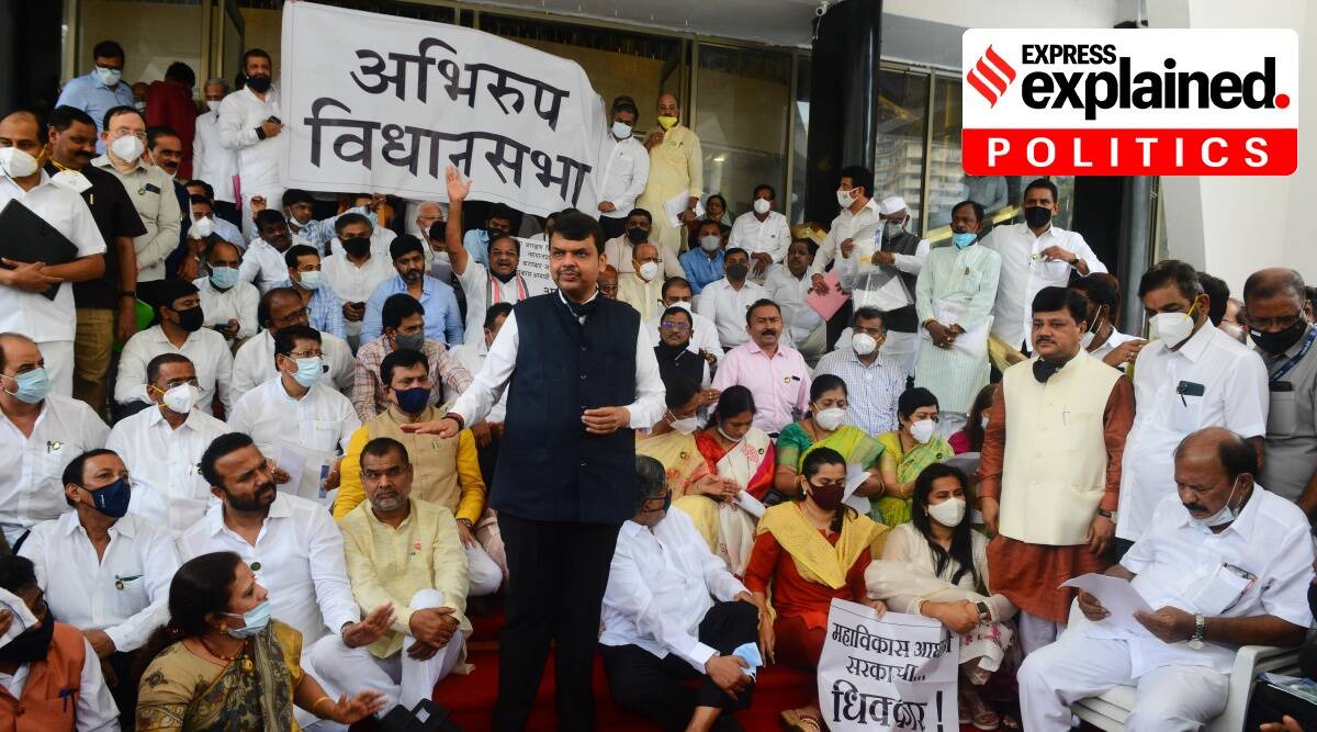 BJP MLAs hold a “counter Assembly” to protest the suspensions on the premises of the Maharashtra legislature in July 2021. (File Photo)