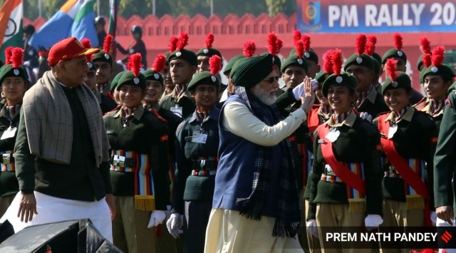 Prime minister Narendra Modi with Defence Minister Rajnath Singh during NCC rally at Cariappa Parade ground at Delhi Cantt in New Delhi. (Express photo by Prem Nath Pandey)