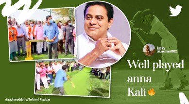 KTR playing cricket, Telangana IT Minister playing cricket, KTR, cricket, Telangana, Minister, indian express
