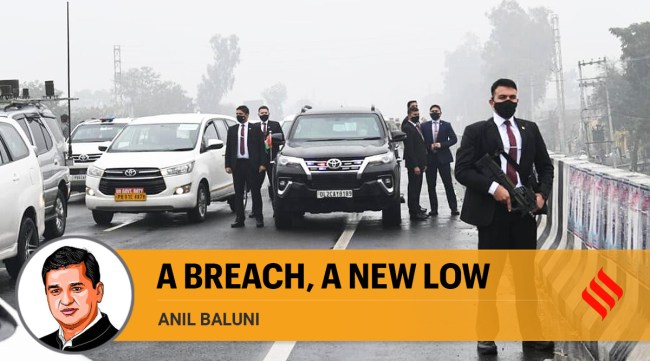 Police personnel and officials at the flyover where Prime Minister Narendra Modi's convoy stuck due to a blockade by a group of protestors, in Ferozepur, Wednesday, Jan. 5, 2022. (PTI)
