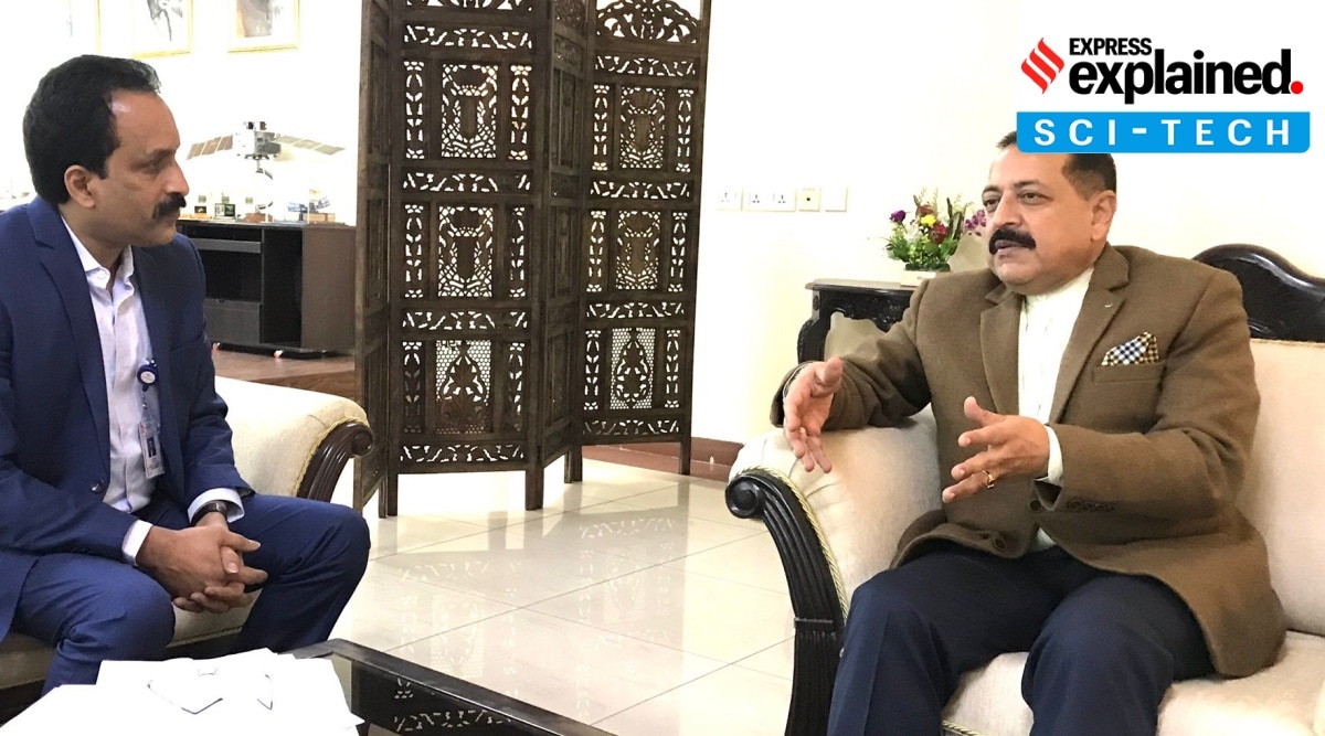 ISRO chairman Dr S Somanath in a meeting with the Union minister of state for space Jitendra Singh on Tuesday. (Photo: PIB)