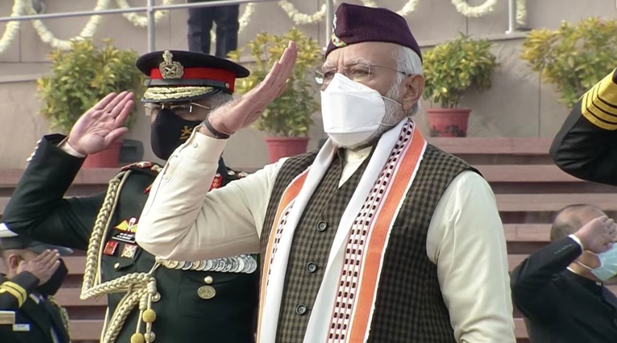 Republic Day 2022, Prime Minister Narendra Modi, outfit details, Uttarakhand's Brahmakamal cap, Manipur's Leirum Phee stole, indian express news