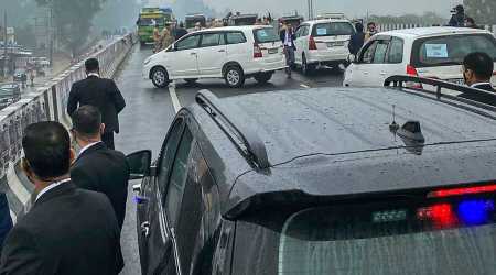 Prime Minister Narendra Modi's convoy stuck on a flyover as the road was blocked by a group of protestors, in Ferozepur, Wednesday, Jan. 5, 2022. (PTI Photo)