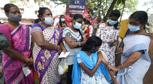 Health workers administer Covid-19 vaccine dose to during the 19th Mega Vaccine Drive, in Chennai, Saturday, Jan. 22, 2022. (PTI Photo/R Senthil Kumar)
