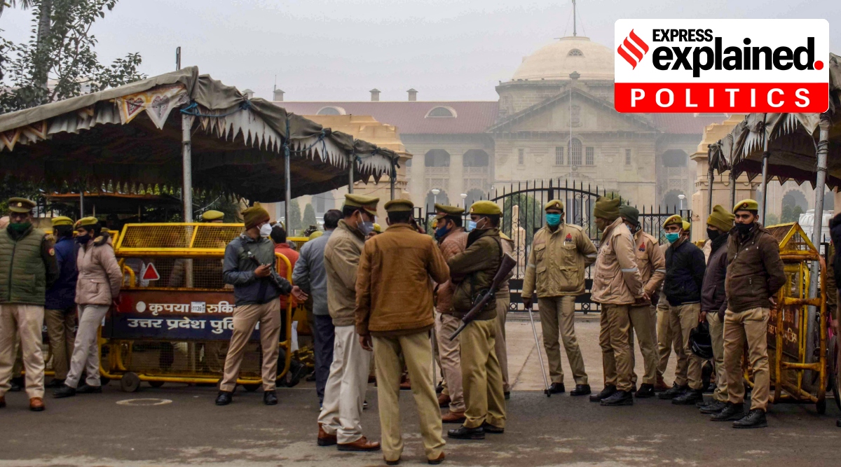 Policemen outside the Allahabad High Court in Prayagraj, Tuesday, Jan. 11, 2022. (PTI Photo/File)