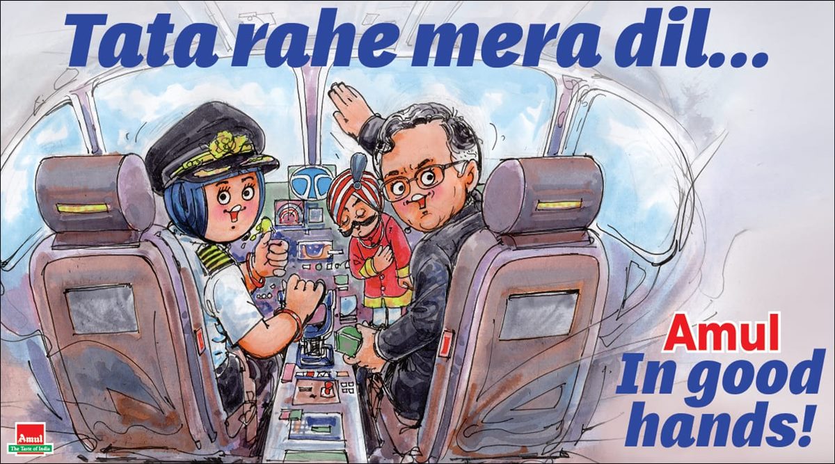 air india, air india takeover, air india return to tata group, amul cartoon, latest amul topicals, amul cartoon air india, viral news, indian express