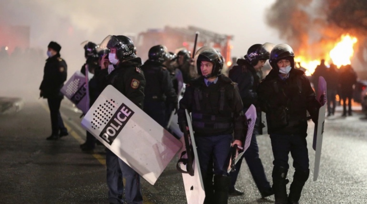 Kazakh law enforcement officers gather in a square during a protest in Almaty, January 5, 2022. (Reuters)