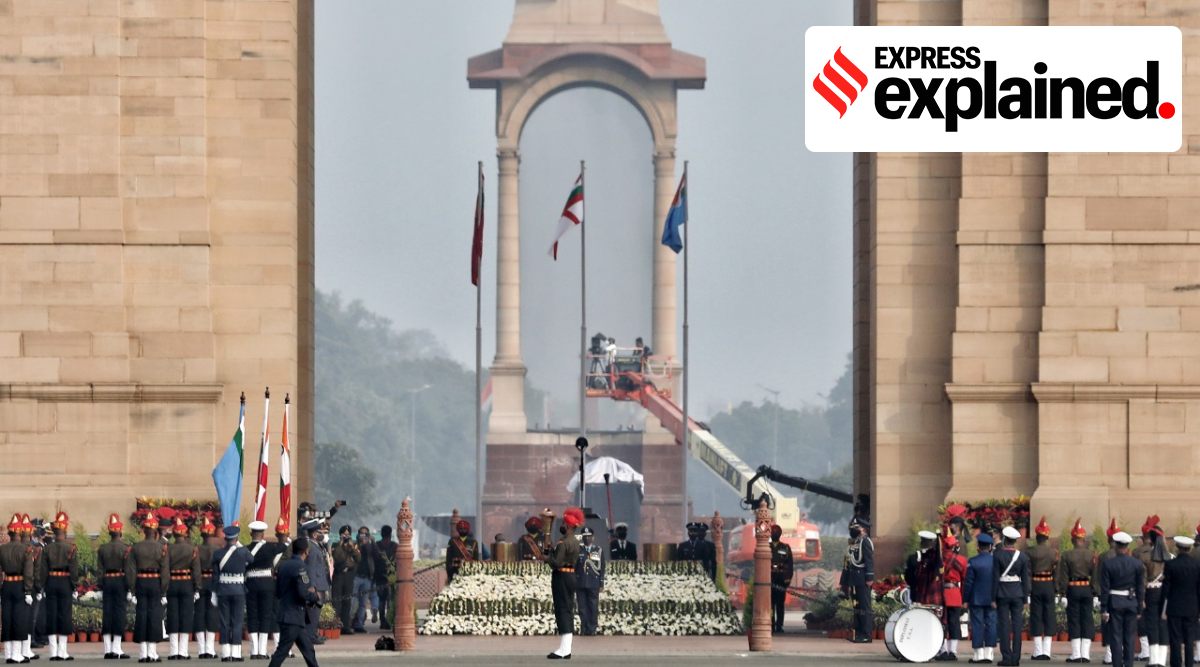 The eternal flame at the Amar Jawan Jyoti underneath India Gate in central Delhi was an iconic symbol of the nation’s tributes to the soldiers who have died for the country in various wars and conflicts since Independence. (Express Photo: Abhinav Saha)