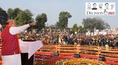 Union Home Minister Amit Shah addresses during a rally as part of Bharatiya Janata Party (BJP)'s election campaign, ahead of 2022 UP assembly polls, in Ayodhya, Friday, Dec. 31, 2021. (PTI Photo)