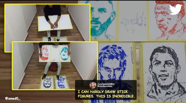 Libyan artist makes 6 portraits once, Indian Express