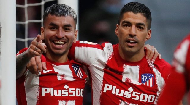 Atletico Madrid's Angel Correa celebrates scoring their second goal with Luis Suarez (Source: Reuters)