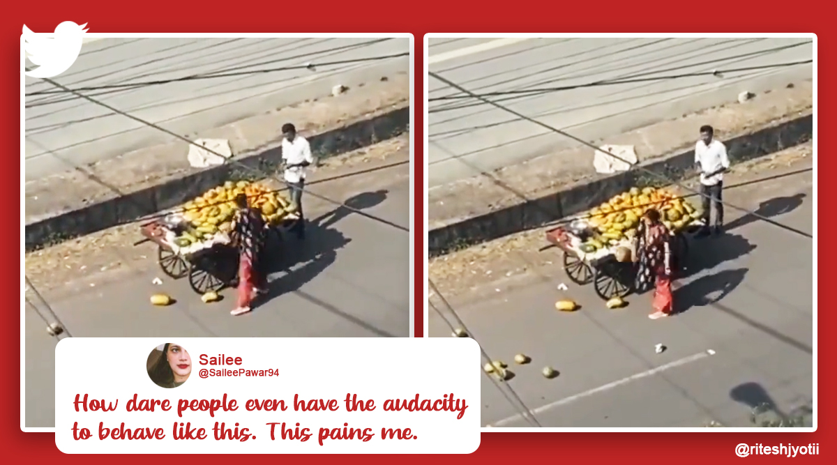 bhopal woman throws fruits, mp woman throws vendor fruits. cart brush car woman throw fruits, bhopal collector action woman fruits video, viral videos, indian express