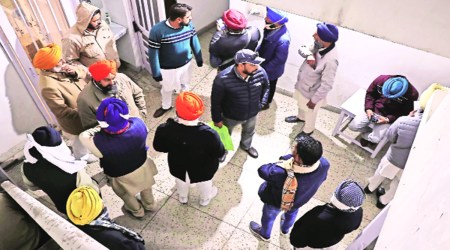 While Rajewal and other leaders sit to finalise the list of candidates, aspirants wait to submit applications at the office of Samyukt Samaj Morcha  in Ludhiana Friday. Gurmeet Singh