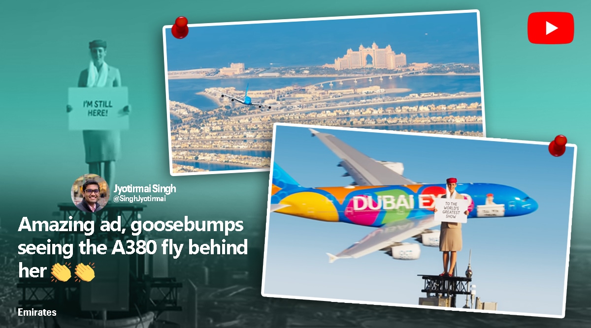 In the new ad, standing on top of the world's tallest building, the woman was photobombed by an A380 plane. 