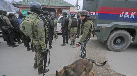 Security forces at one of the encounter sites in Shalimar, Srinagar, on Monday. (Express photo by Shuaib Masoodi)
