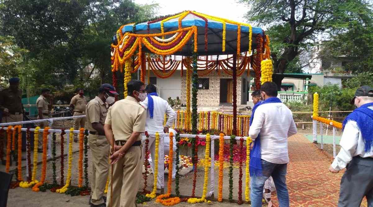 Police deployed at the samadhi of Govind Gopal in Vadhu Budruk village. (Express Photo by Ashish Kale)