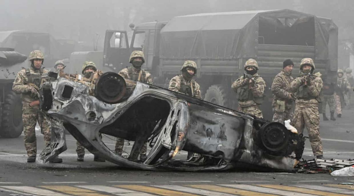 Troops at the main square in Almaty, Kazakhstan. (Mariya Gordeyeva/Reuters)