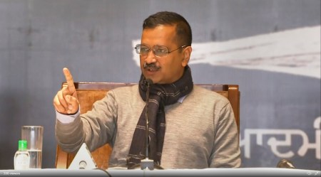 Delhi CM Arvind Kejriwal addresses a press conference in Mohali. (PTI)