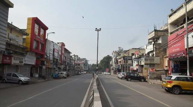 The Lajpat Nagar market wears a deserted look during the weekend curfew imposed by the Delhi government. (PTI)