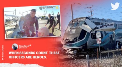 train collides with plane, lapd rescues pilot crash landed train, plane crash la intersection, cops saves pilot crash landing, indian express, viral videos,