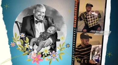mother commission daughter painting with dead grandpa, wife gift husband dead father portrait, artist make portrait with dead family members, good news, indian express