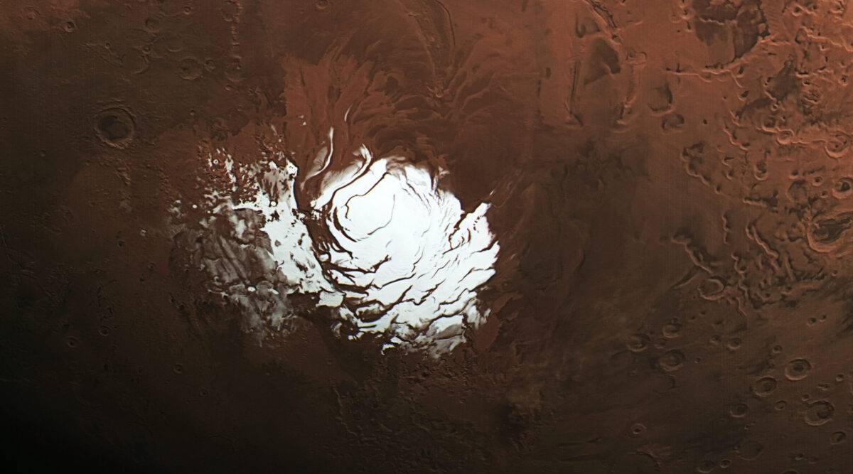 A view of Mars’ south pole.  (ESA/DLR/FU Berlin)
