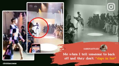 model hit guest with fur coat, model hit audience with jacket, CHRISTIAN COWAN model hit with jacket, viral video, indian express