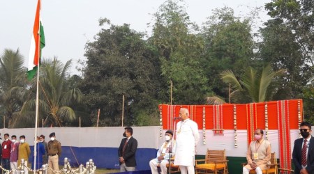 Mohan Bhagwat unfurled the national Tricolour at the Sangh-run Seva Dham Ashram in Tripura. (Twitter/RSS)