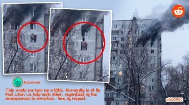 men saves girl burning building, neighbours save girl from fire, girl saved from apartment fire window, viral video, indian express