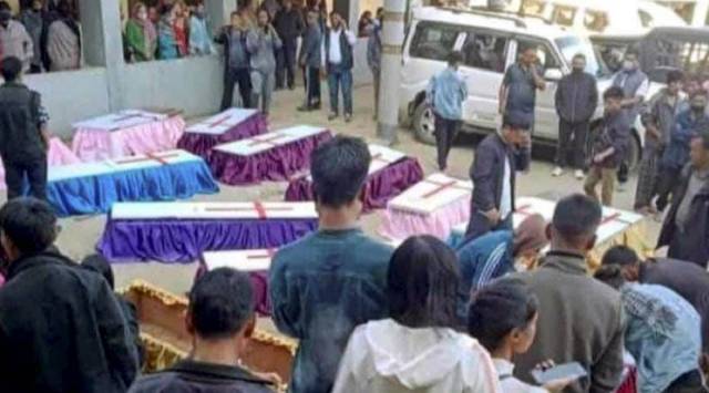 Bodies of the civilians who were killed, in Mon district in December. Six of them were coal mine workers. (PTI)