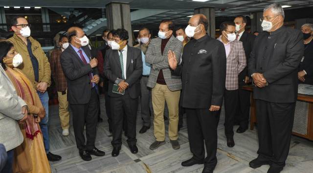 LS Speaker Om Birla interacts with Parliament officials on Tuesday during his visit to review preparations for the Budget Session. (PTI)
