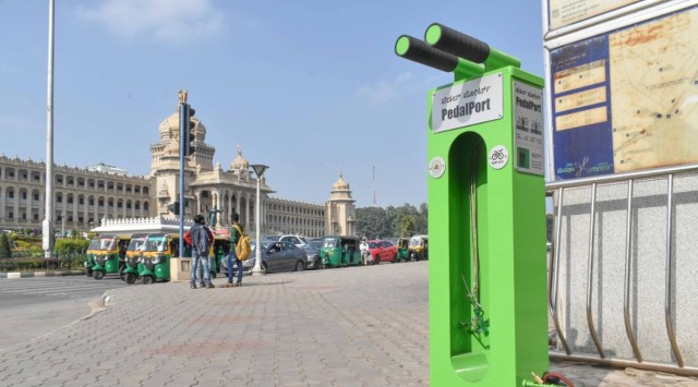 A Karnataka government agency has set up a Pedal Port, a self-service kiosk to repair cycles. (Express photo by Jitendra)