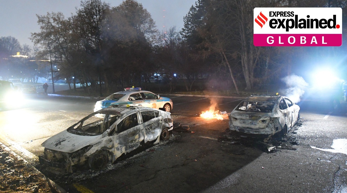 Damaged cars are seen near the mayor's office during protests triggered by fuel price increase in Almaty, Kazakhstan January 5, 2022. (Reuters Photo)