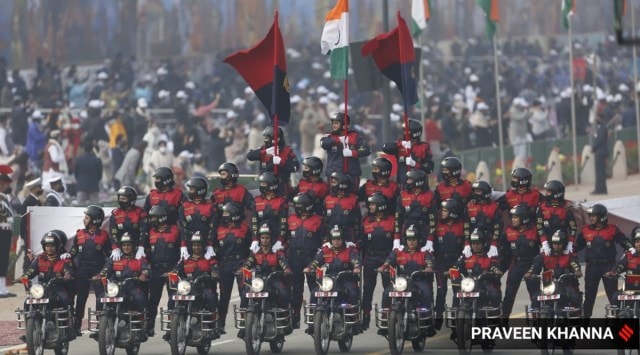 Border Security Force's all-women motorcycle team 'Seema Bhawani' during the Republic Day Parade 2022, at Rajpath in New Delhi, Wednesday. (Express Photo by Praveen Khanna)