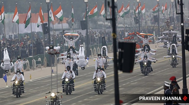 Daredevils show stunts on motorcycle during the Full Dress rehearsal of Republic Day Parade at Rajpath in New Delhi on Sunday. (Express Photo by Praveen Khanna)