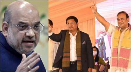 Amit Shah; Conrad K Sangma and Himanta Biswa Sarma. (File Photos)