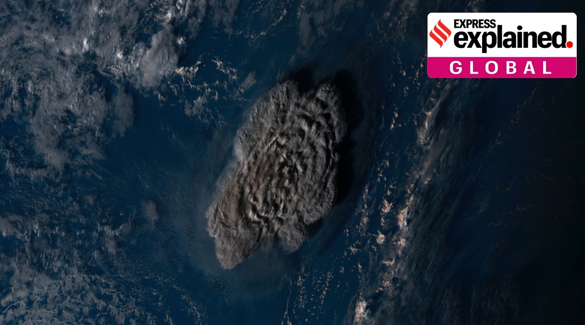 This satellite image taken by Himawari-8, a Japanese weather satellite operated by Japan Meteorological Agency and released by National Institute of Information and Communications Technology (NICT), shows an undersea volcano eruption at the Pacific nation of Tonga Saturday, Jan. 15, 2022. (NICT via AP)
