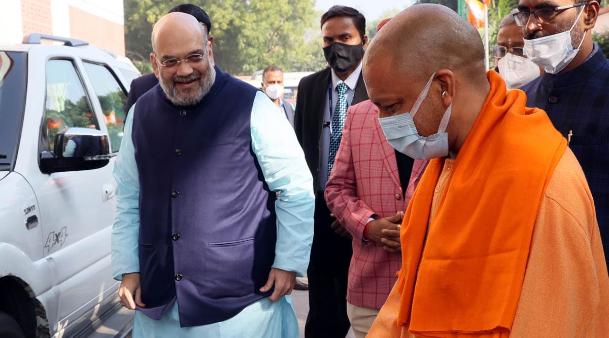Amit Shah, Yogi arrive for B JP meeting in Delhi Tuesday for candidate selection. (Express photo by Prem Nath Pandey)