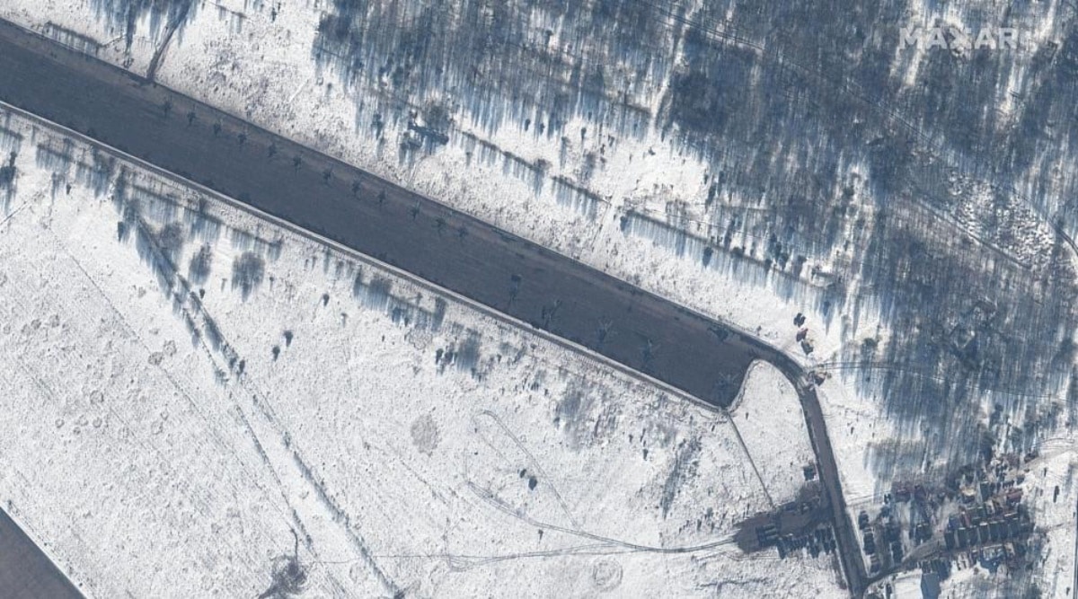 This February 15, 2022 satellite image provided by Maxar Technologies shows attack helicopters deployed at Zyabrovka airfield in Belarus. (Satellite image ©2022 Maxar Technologies via AP)