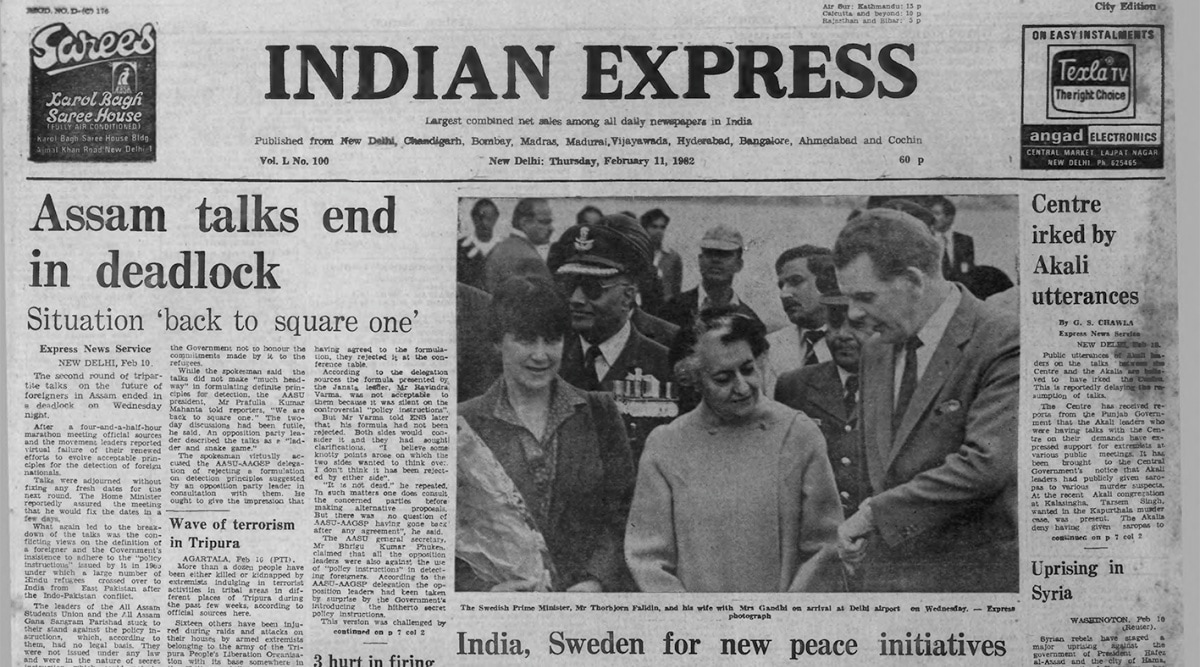 Assam, Assam government, Sweden, Indira Gandhi, Shiromani Akali Dal, Opinion, Ediotrial, Indian express, Forty Years Ago, Assam Talks Fail, Swedish PM Visit