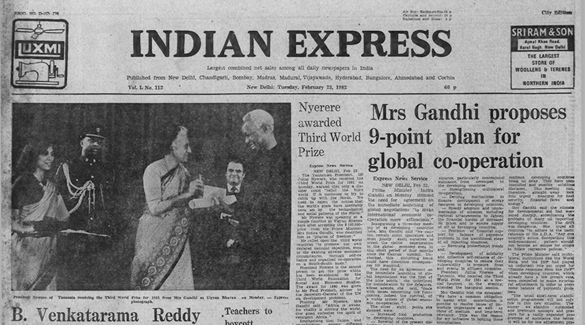 India, Indira Gandhi, India 1982, forty years ago, economic cooperation, Uttar Pradesh, Badausa police station, Julius Nyerere, Third World Prize, indian express
