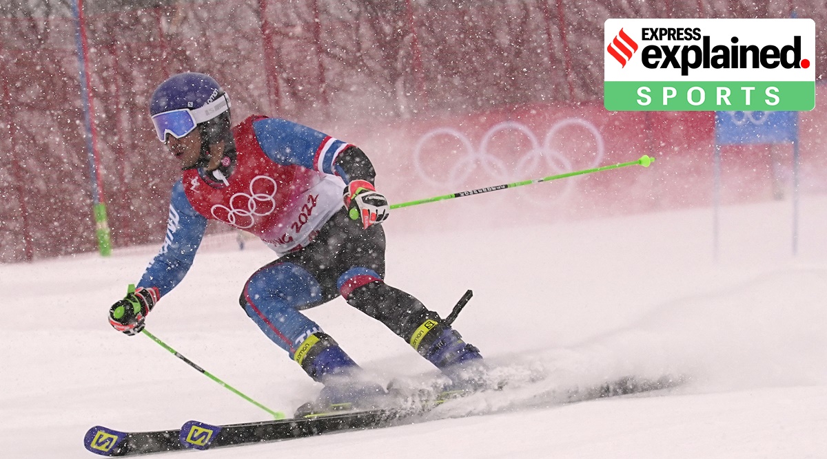 Nicola Zanon, of Thailand makes a turn during the first run of the men's giant slalom at the 2022 Winter Olympics, Sunday, Feb. 13, 2022, in the Yanqing district of Beijing. (AP Photo/Robert F. Bukaty)