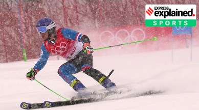 Nicola Zanon, of Thailand makes a turn during the first run of the men's giant slalom at the 2022 Winter Olympics, Sunday, Feb. 13, 2022, in the Yanqing district of Beijing. (AP Photo/Robert F. Bukaty)